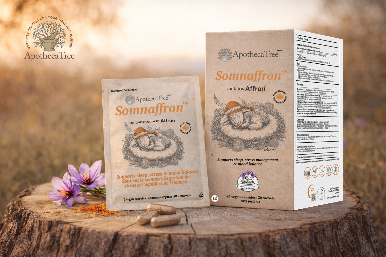 Somnaffron™ by ApothecaTree — saffron supplement box with 30 sachets on a wooden stump beside fresh crocus blooms