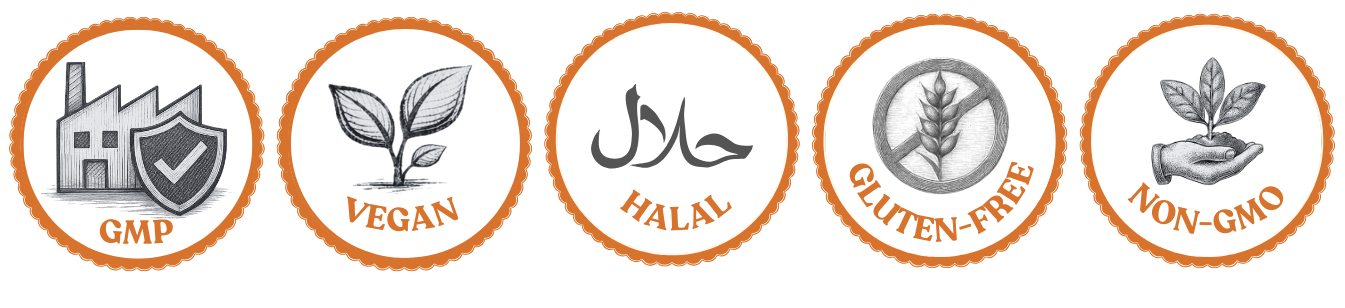 GMP certified, Vegan, Halal, Gluten-Free, and Non-GMO